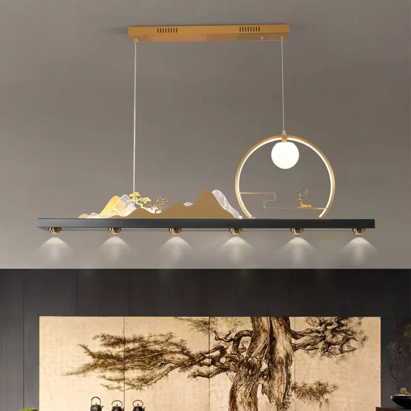 All-copper new Chinese-style walnut long tea room chandelier with spotlight marble high-end bar counter one-word study lamp