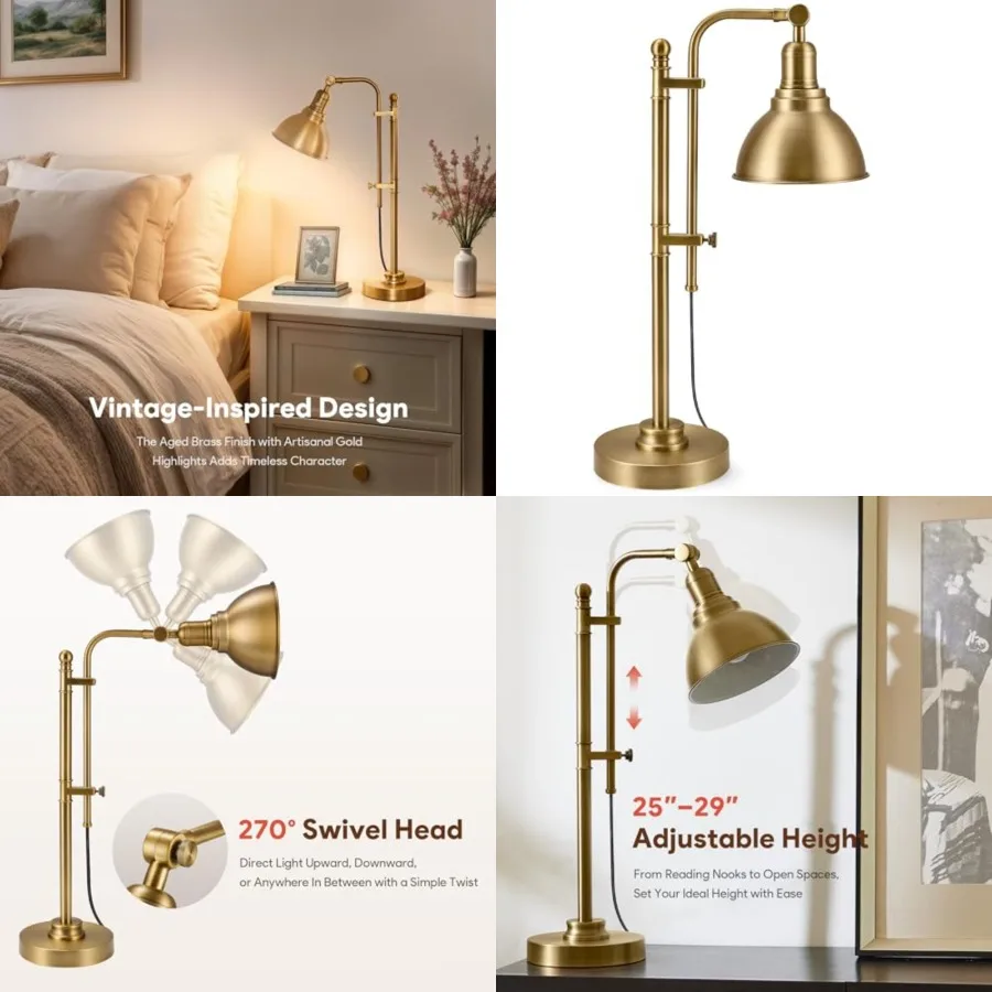 

Rustic Desk Lamp Adjustable, Industrial Style Metal Task Lamps 25"-29", Vintage Work Light, Farmhouse Reading Lamp in Brushed F