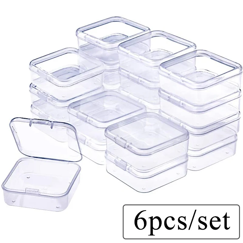 6PCS Mini Square Storage Box Plastic Transparent Earrings Rings Jewelry Beads Packaging Storage Case Small Jewelry Organizer Box