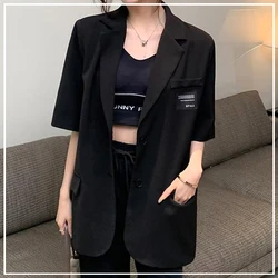 2024 Women's Summer New Patchwork Notched Button Pockets Fashion Solid Color Versatile Minimalist Casual Short Sleeved Blazers