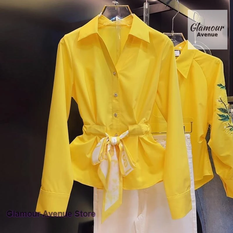 

Korean solid color yellow V-neck long-sleeved shirt women's spring and autumn new high-grade age-reducing waist lace-up top