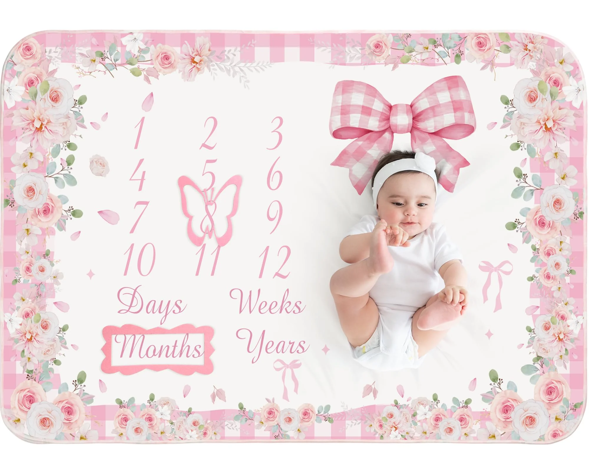 VIKAMA Baby Photography Swaddle Blanket Newborn Photography Prop Instagram Style Floral Butterfly Check Growth Record Blanket