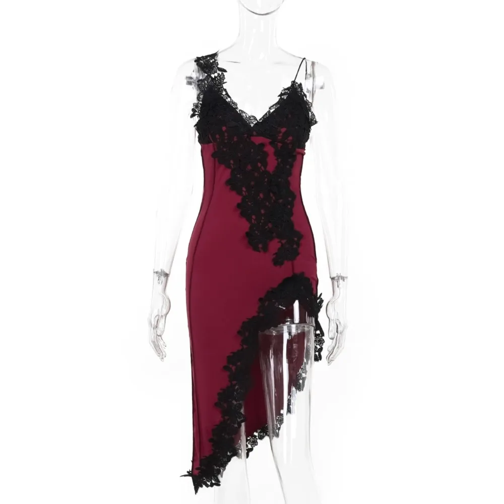 Feestjurken voor dames sexy diepe v kant patchwork vestidos pakket hippe jarretel avondjurk spaghetti band contrast trendy