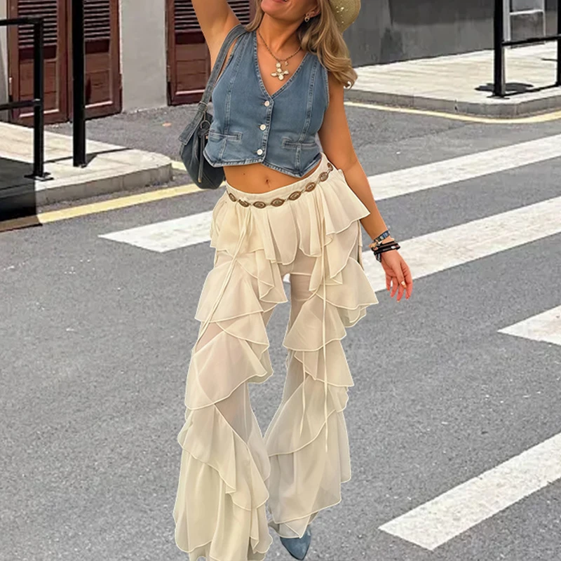 Irregular Tierred Flare Pants Women Y2K Patchwork Chiffon See Through Summer Hipster Wild Basic Streetwear Classic Trousers
