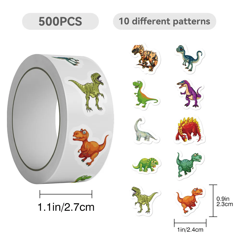 Dinosaur Themed Roll Stickers 500 Pieces Cute Pattern Decals for Daily Ornament & Creative Projects Giajar Sticker Store