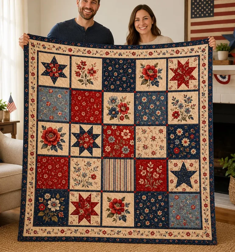 Vintage Floral Patchwork Quilt Blanket, Red Blue Americana Throw Farmhouse Star Bedding Decor Rustic Home Blanket Gift for Her