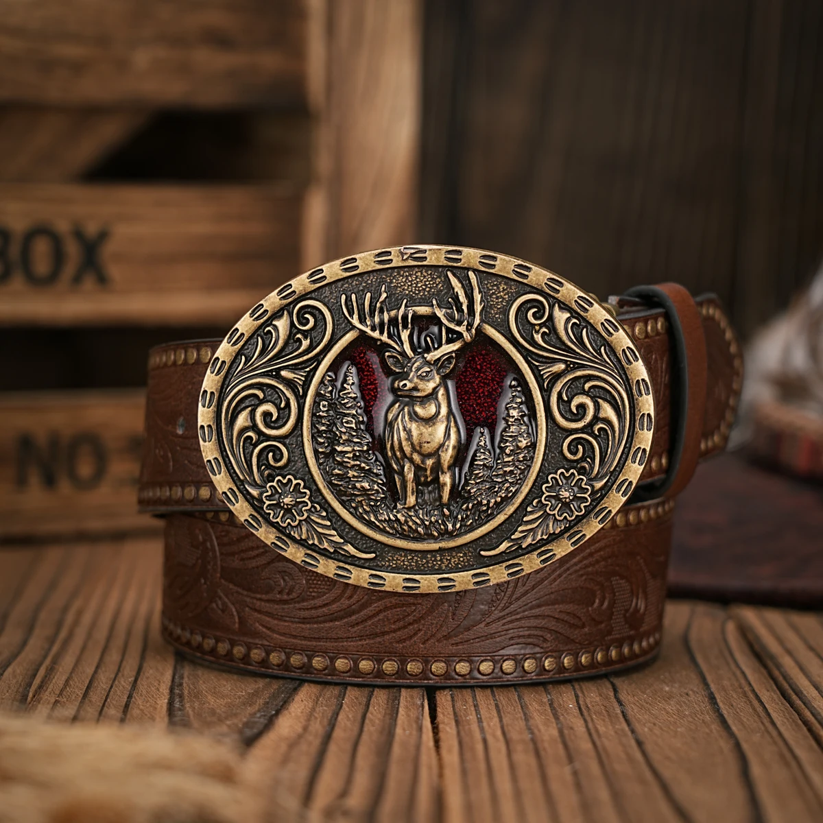 Men - Women - Western Denim - pu leather - Belt - Vintage jeans with floral carved buckle belt