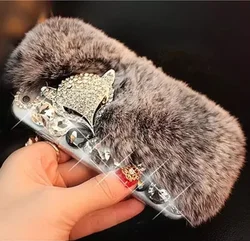 LaMaDiaa-Luxury Bling Diamond Soft Fur Case, Fox Head Phone Case for iPhone, 15Plus, 14, 16, 12, 13 Pro Max, XR, XS, 15, 16Plus