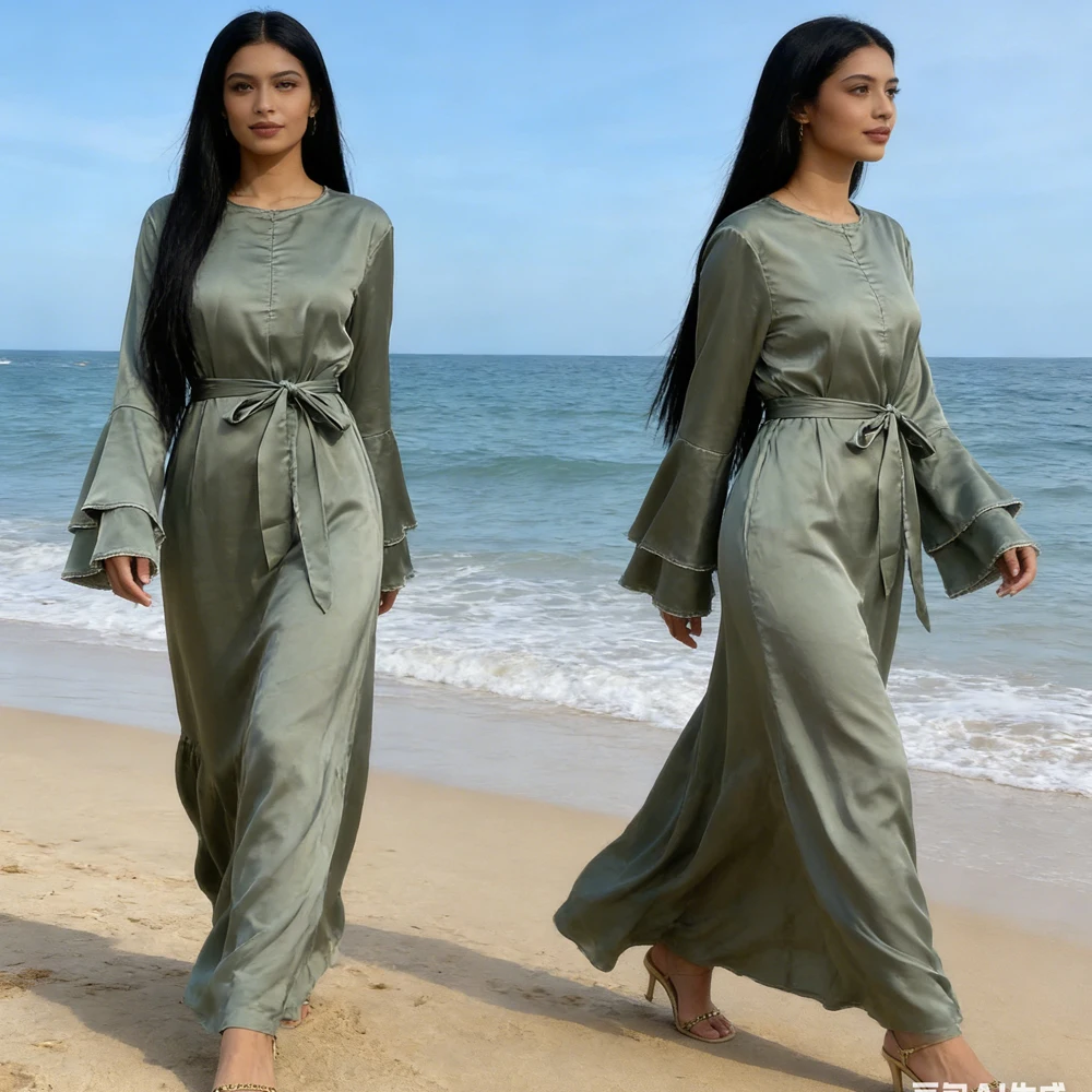 

Атласные абайи для женщин: мусульманское праздничное платье с расклешенными рукавами, дубайский кафтан, турецкий халат, джалабия на Ид, исламская одежда для Рамадана, арабское платье