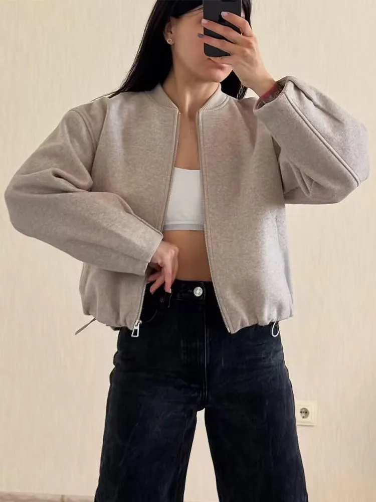 SLTNX Elegant Women Bomber Jacket Long Sleeve Zipper Oversize 2026 Winter Loose Coat Female Crop Top Outwear Grey Top