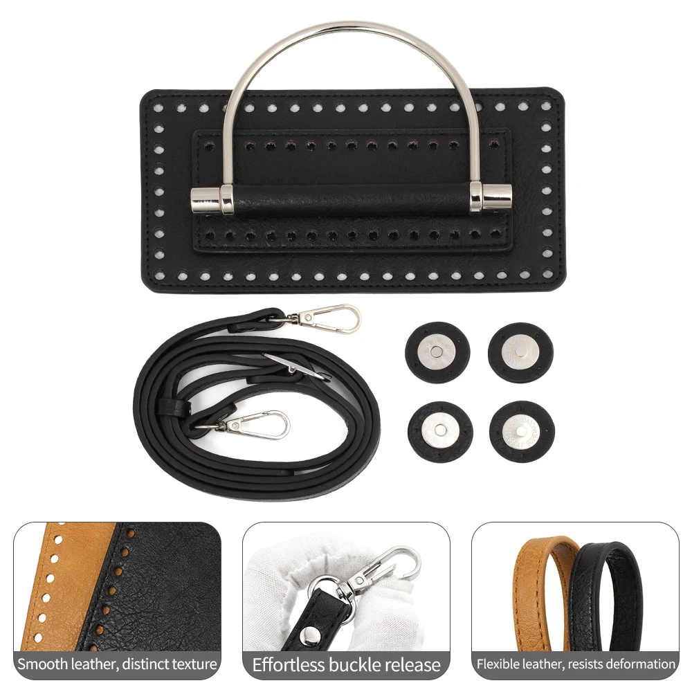 DIY Knitted Bag Set Leather Shoulder Handbag Handles Strap Bags Bottom Lychee Pattern for Crochet Woven Crossbody Accessories