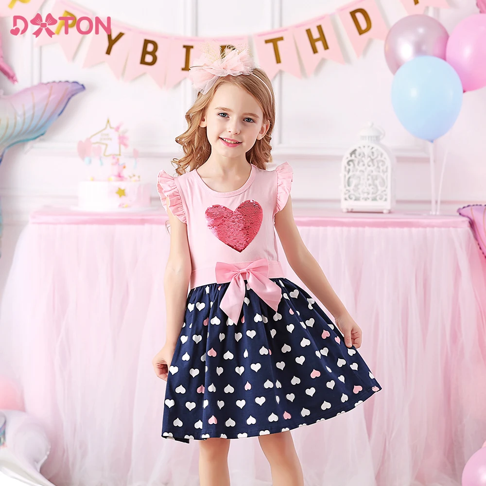 DXTON Kids Cotton Dress for Girl Heart Design Sequined Princess Dress with Bow Knot Children Casual School Summer Clothes 3-8Yrs