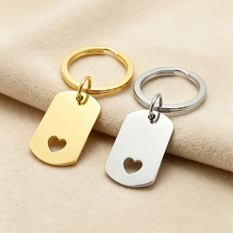 Stainless Steel Heart Cutout Dog Tag Keychain For Men Women Gold Silver Color Blank Engravable Key Ring Bag Charm Accessory