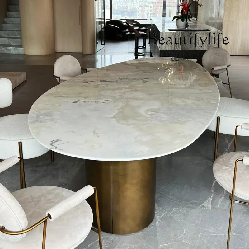BJ Minimalist Villa Large Flat Marble Dining Table With Round Natural Luxury Stone Dining Table Water Drop-shaped