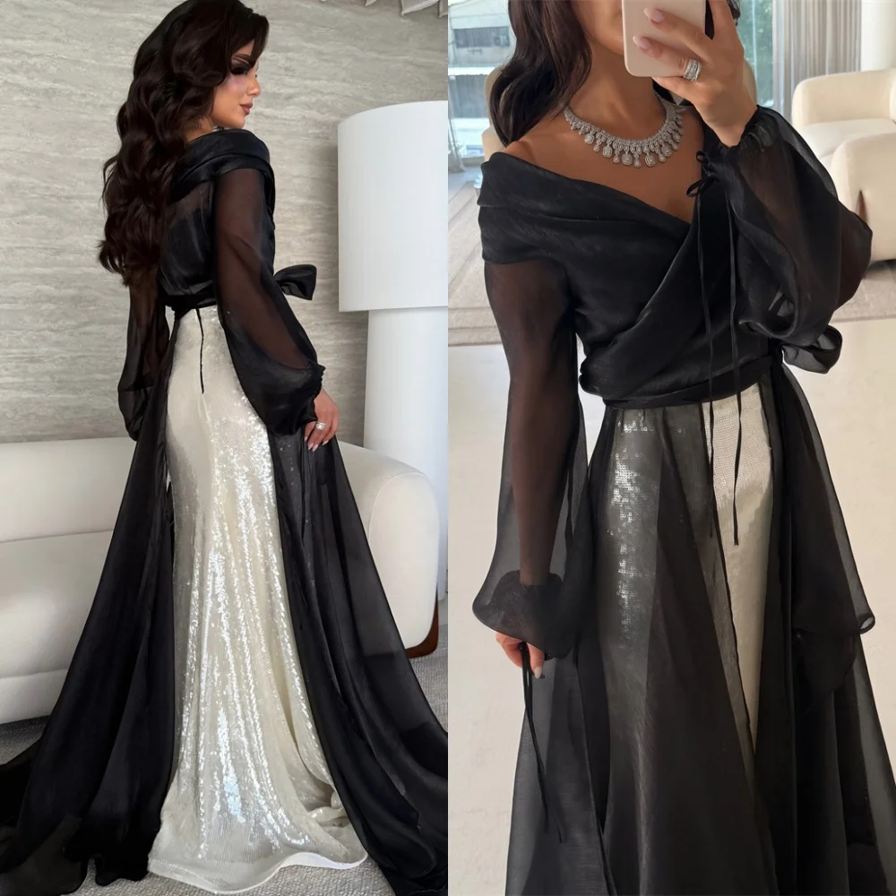 

Customized Luxury Black Evening Dress Simple V-Neck Long Sleeves Celebrity Gowns Exquisite Court Train Special Occasion Gowns