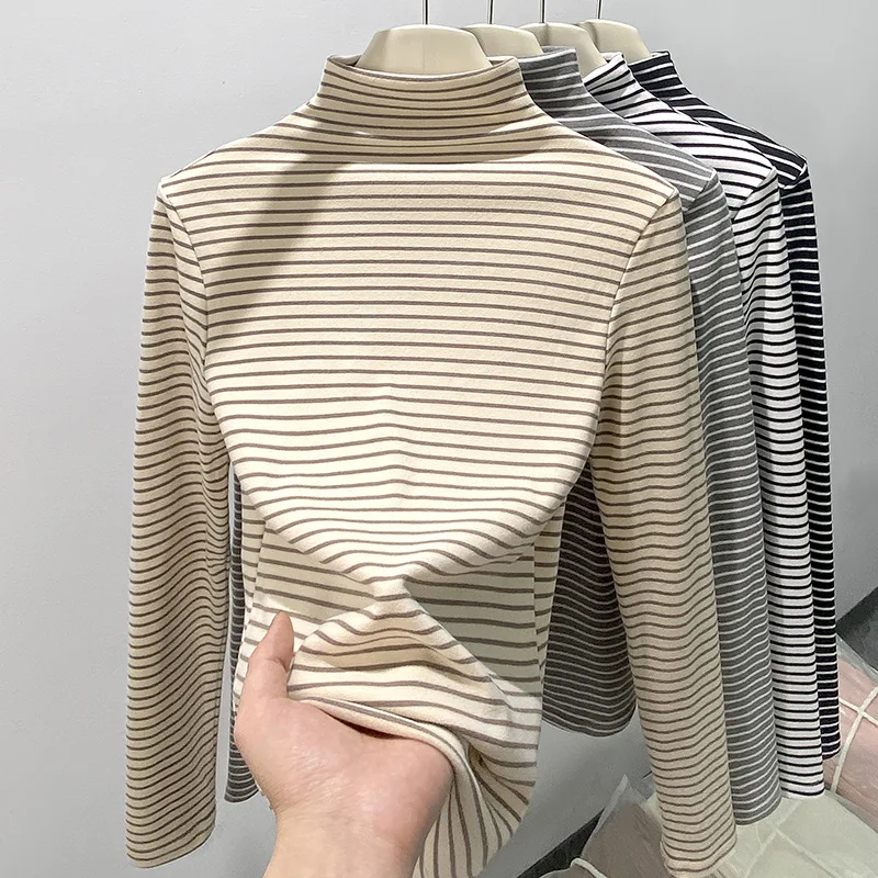 

Women T-shirts Stripe Long Sleeve High Strecth Slim Fit Bottoming Shirts Casual Korean Turtleneck Warm Autumn Winter Undershirts