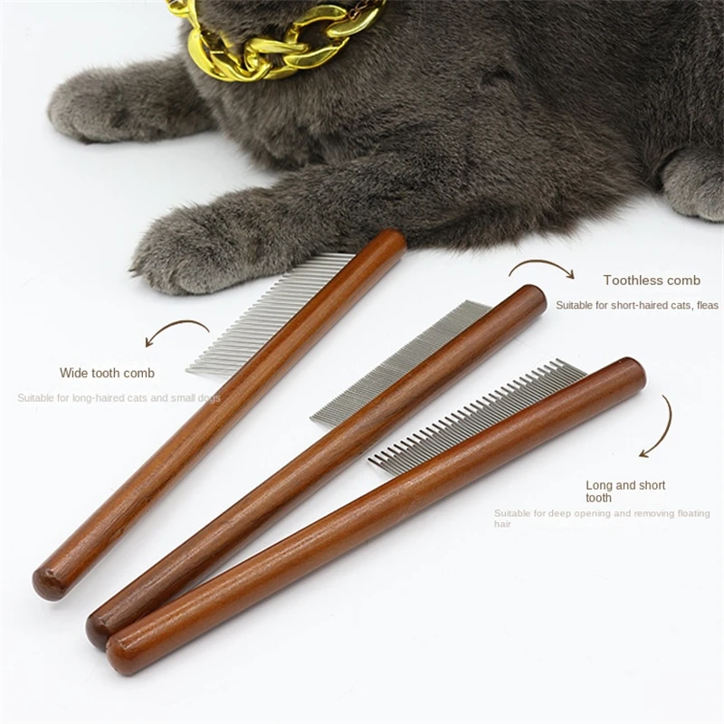 Cat Comb Stainless Steel Pet Hair Remover Wooden Handle Solid Cat Hair Comb Pet Grooming Cleaning Tool Fleas Ticks Removal Tools