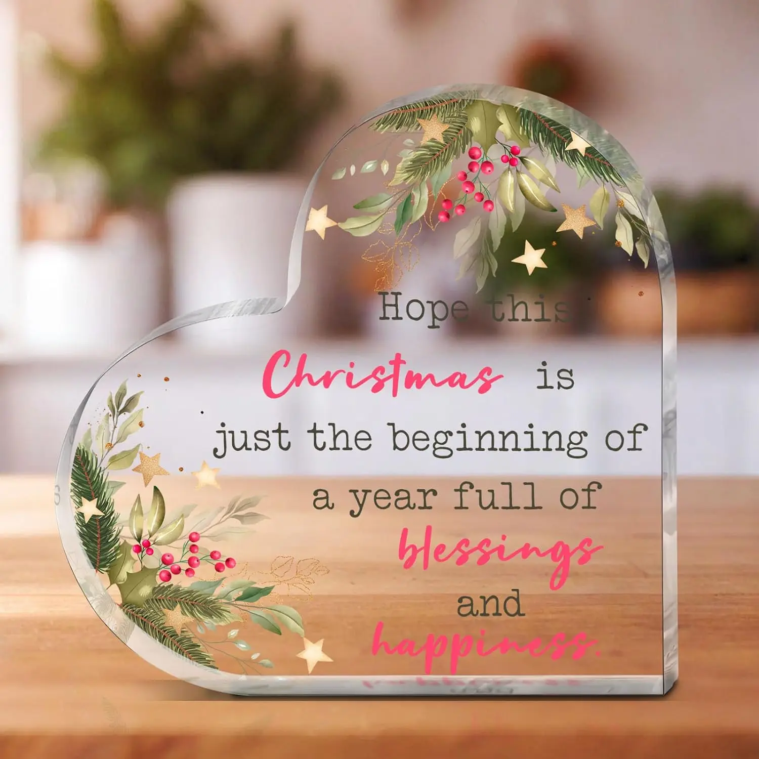 Valentine's Day Gift for Home Decor Lovers Heart Shape Acrylic Plaque Block Ornament Merry Christmas Happy New Year Golden Pink Bow Mantelpiece Elegant Easy to Display