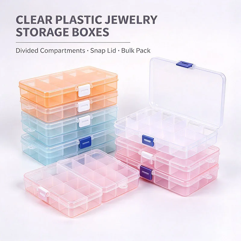 10個入り、20個入り、30個入りの空のプラスチック製ジュエリー収納ボックス。指輪、イヤリング、薬、ビーズなどを整理・収納できるケース。旅行用や持ち運びにも便利な収納容器。