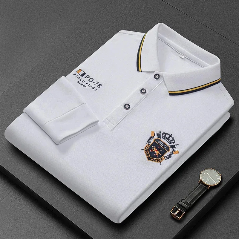 Men's Long-sleeved Brand New Korean Embroidered POLO Shirt Cotton T-shirt Lapel Fashion Breathable Top 4XL