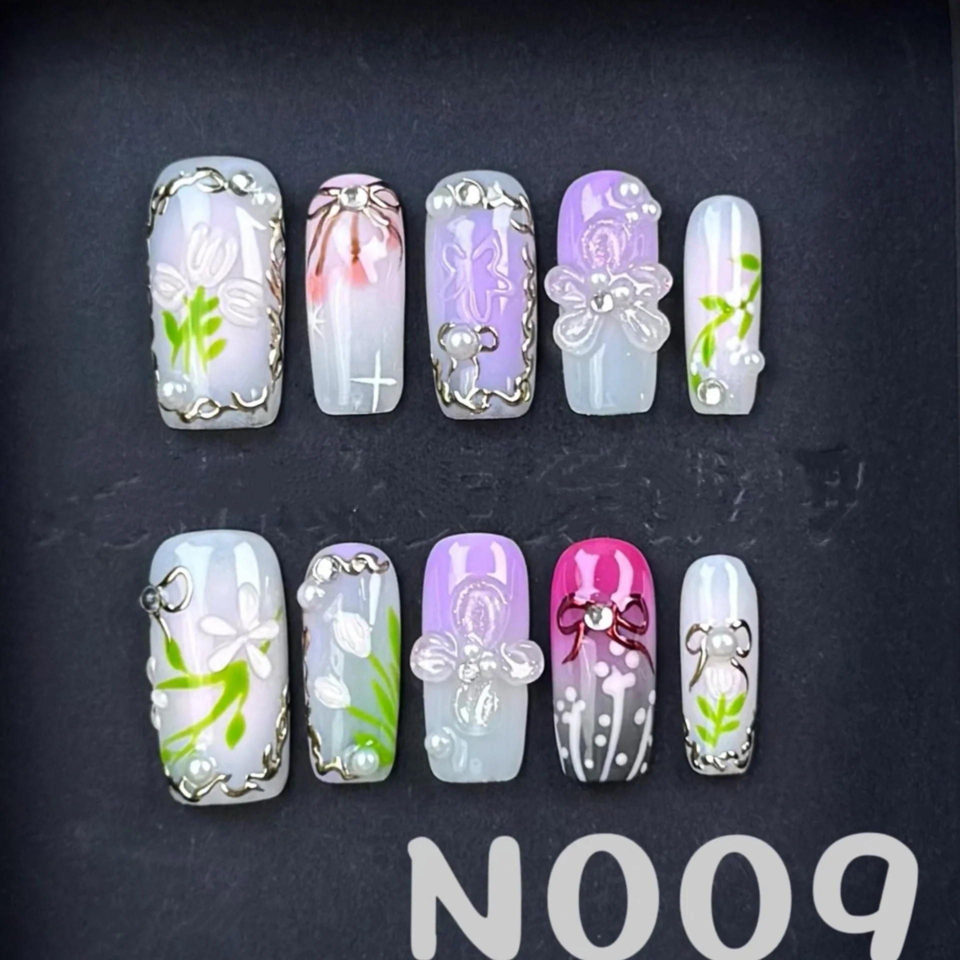 

10pcs Flower Full Cover Nail Tips Rhinestone Bow Design Miod- Square Handmade False Nail Wearable Colorful Press on Fake Nails