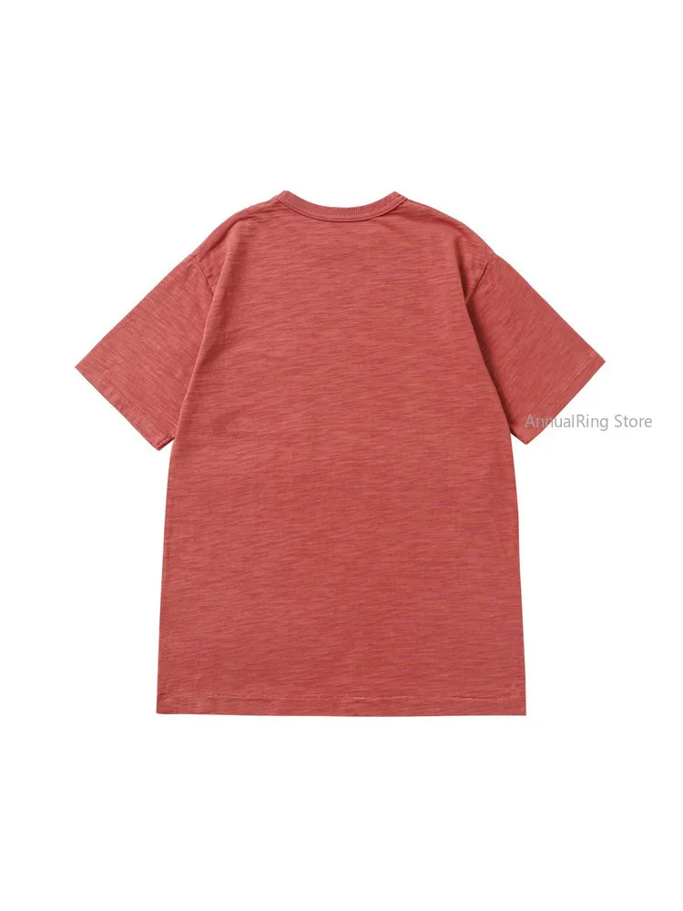 Men American Vintage Slub Cotton Washed Distressed Watermelon Red Pocket Short Sleeve T‑Shirt Basic Top