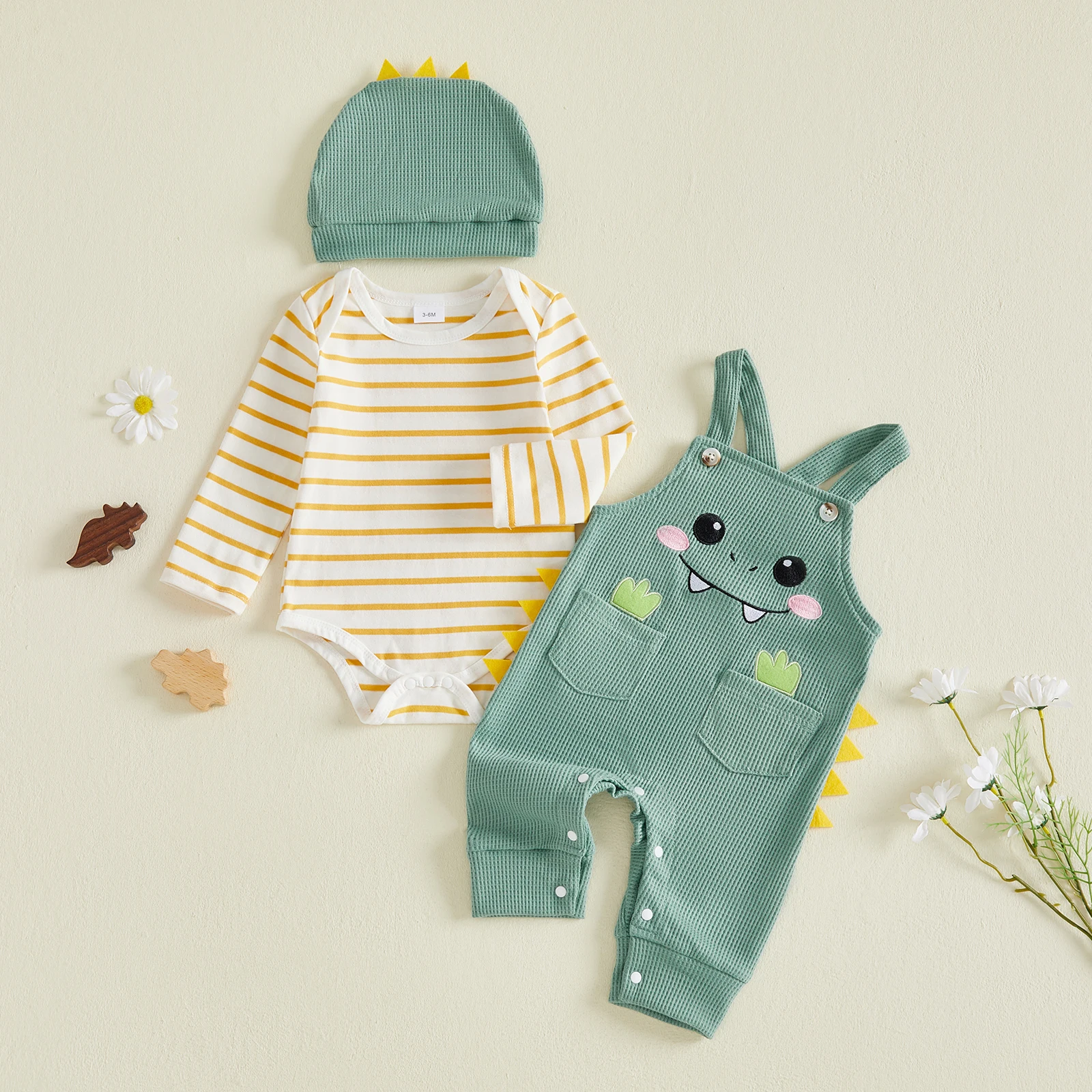Baby Boy Dinosaur Outfits Long Sleeve Stripe Romper Suspender Pants Hat Set Cute Baby Autumn Clothes Costume
