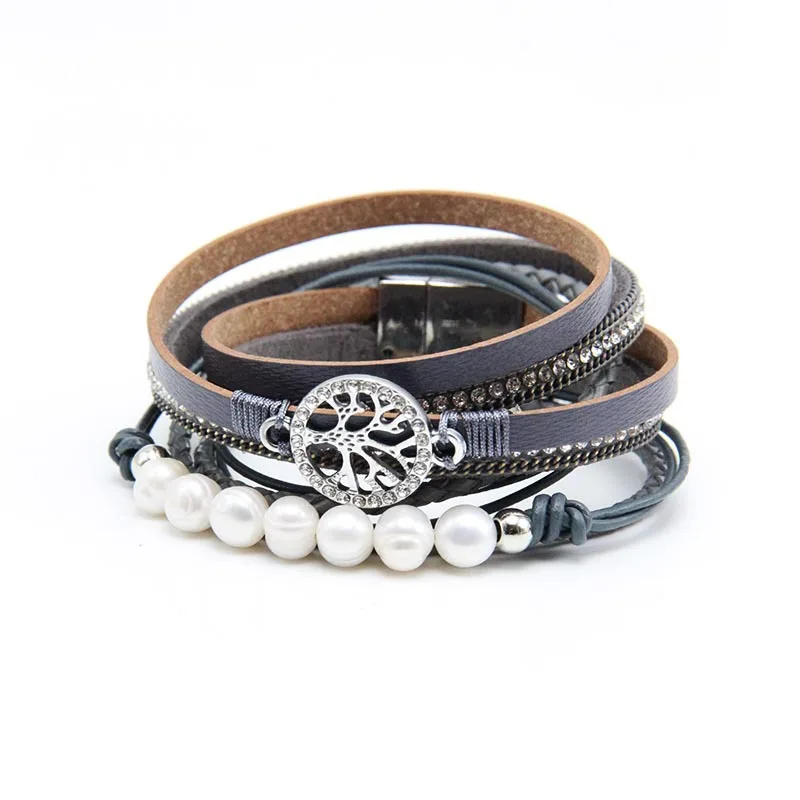WYBU 7 Colors Tree Of Life Leather Bracelet For Women Alloy Magnetic Clasp Pearl Multilayer Wrap Fashion Women Bangle Jewelry