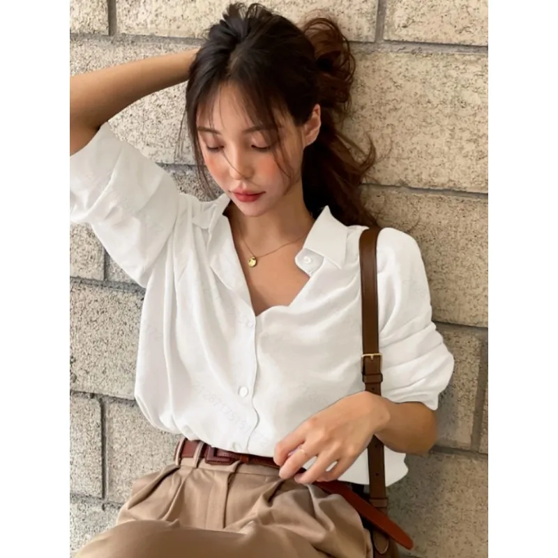 QWEEK Korean Style Basic Women Shirts Office Elegant Solid Colour Blouses Casual Long Sleeve Button Up Fashion Youthful Autumn