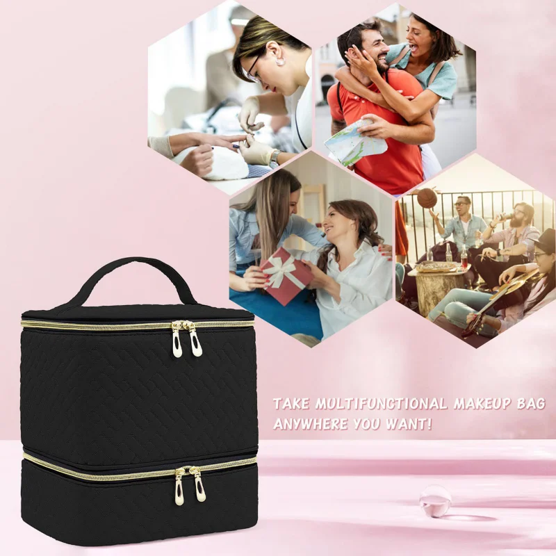 Portable Handheld Double Layer Large Capacity Nail Polish Storage Makeup Bag with Elevated Double Zipper