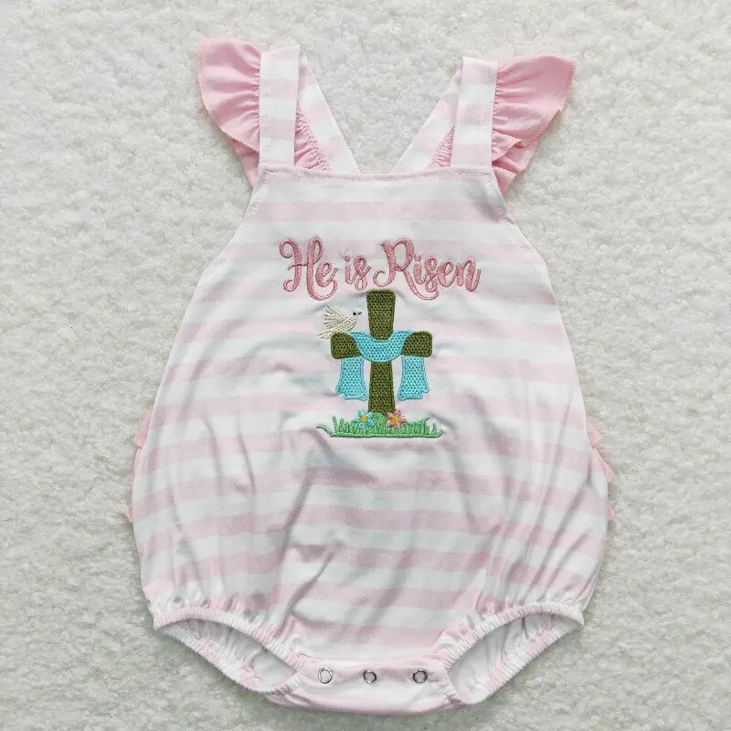 

New rts baby Easter girls romper wholesale boutique embroidered cross jesus girl sleeveless pink rompers