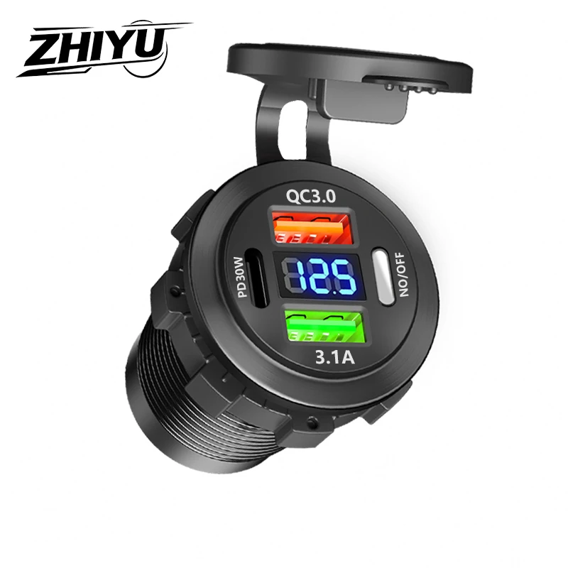 ZHIYU New USB Car Charger PD3.0 & QC3.0 Fast Socket with Voltmeter On/Off Switch 12/24V For Motorcycle Boat Auto Accessories