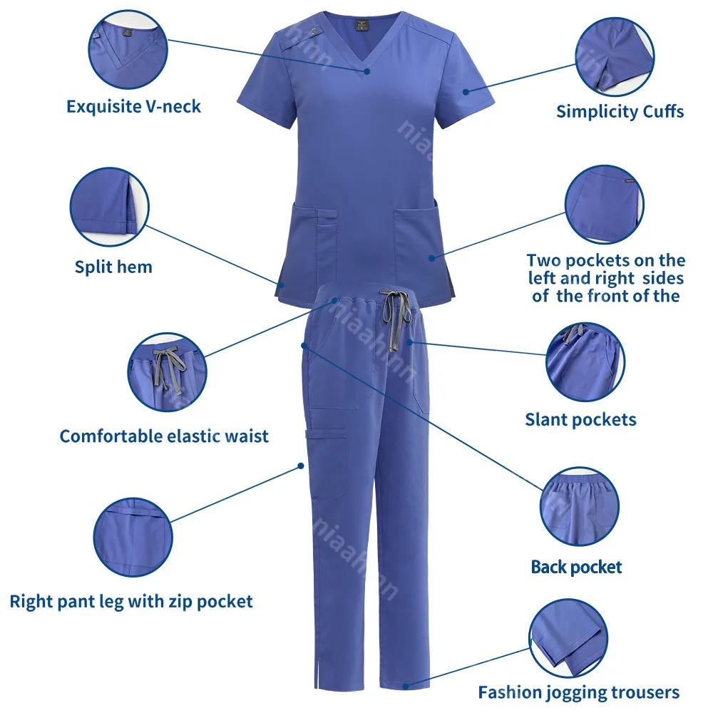 Niaahinn Nurse Accessories Dentistry Scrubs Uniform Suit Pet Hospital Work Uniform Short Sleeve Pharmacist Tops+Pants Sets Women