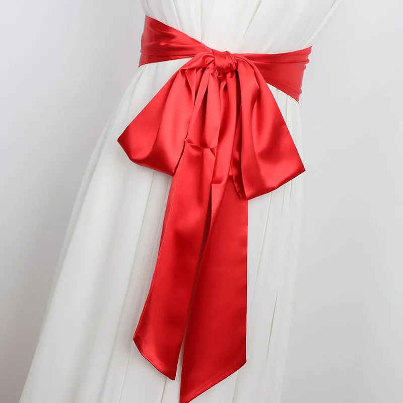 2025 New Red White Blue Satin Silk Wide Belt Women Long 250cm Cummerbund Japanese Obi Lace Waistbands Corset Fabric Collocation
