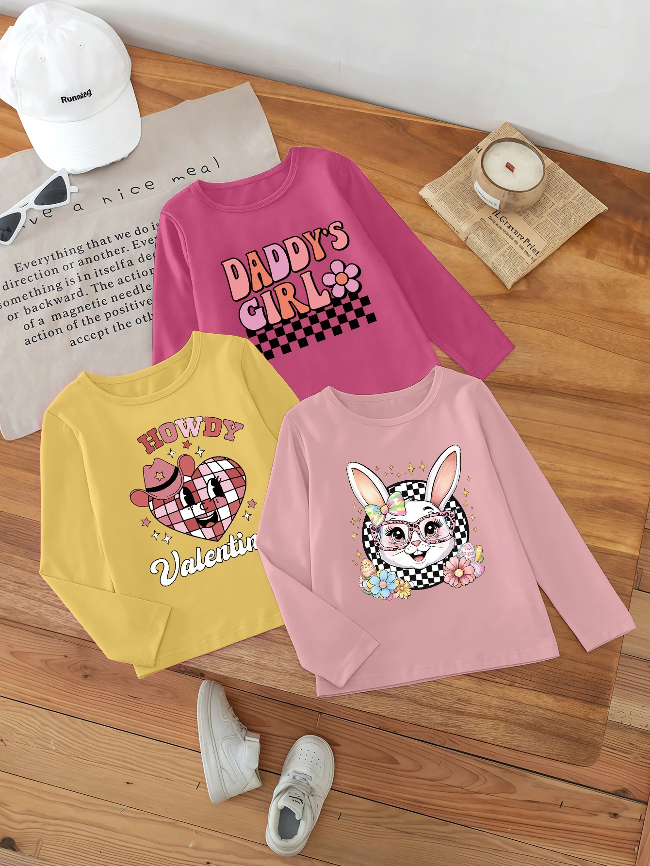 

3-х предметные, мультяшные сердечки, кролики, принт с английским узором, милые повседневные базовые рубашки для девочек