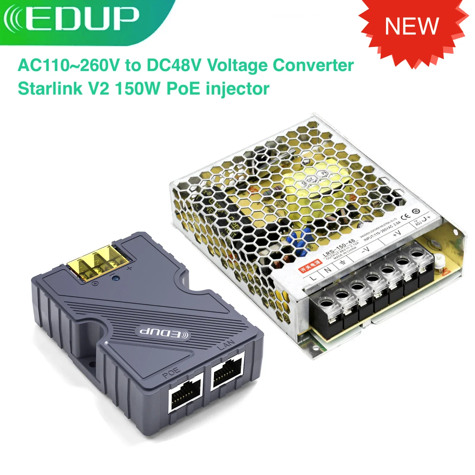 EDUP 150W Starlink GigE PoE Injector Indoor Source AC 110/260V to DC48V Converter Ideal for StarLink Dish V2 Kit to Router or PC