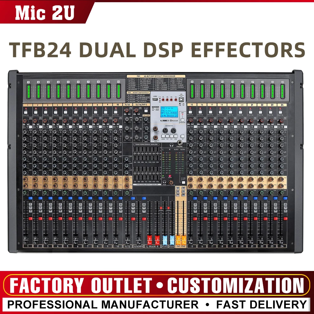 24 Channel Mixer TFB24 Dual DSP Effectors and Dual 7 Bands EQ Adjustments Mixing Console 2 Stereo 4 Group Outputs Aux Soundcard