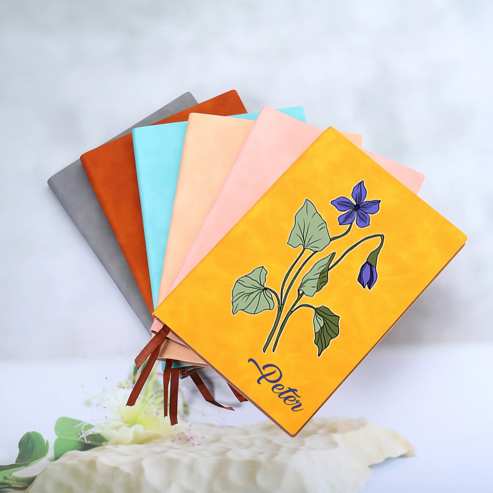 Personalized PU Leather Notebook Gift Birth Flower Gratitude Gift Journal Free Custom Birthday Gifts with Name for Friends