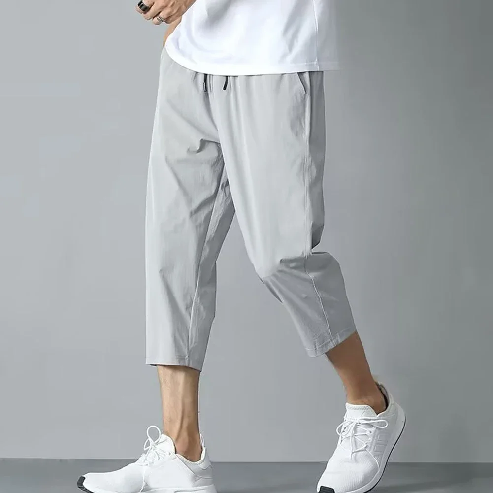 New Mens Ice Silk Summer Cooling Thin Shorts Loose Capris Pants Fashion All-match Streetwear Cropped Shorts Straight Men's Pants