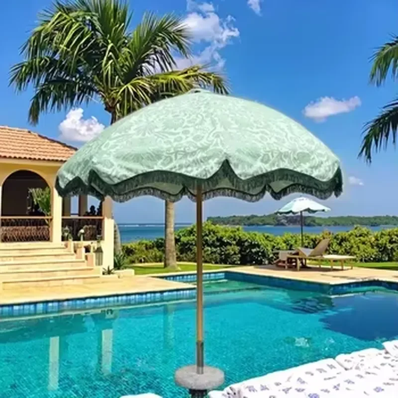 Modern Outdoor Garden Parasol Patio Umbrella Tassels Fringe Wood Pole Furniture Pool Sun Shade Beach Hotel Use Henghui HHD-19