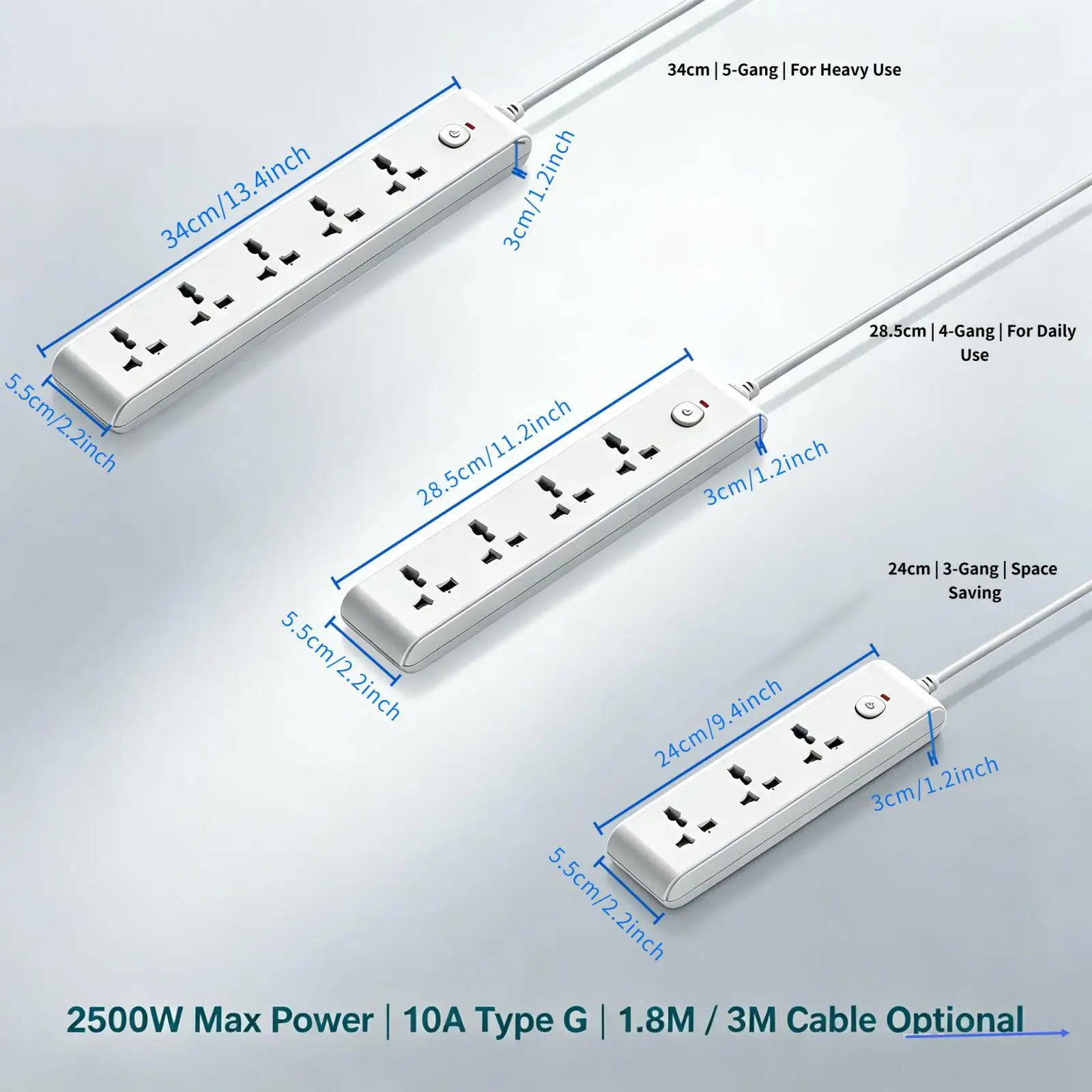 UK 3/4/5 Gang Extension Lead with Switch, 2500W Type G Power Strip, 1.8M/3M Cord, Wall Mount Safety Shutter, White – For Home