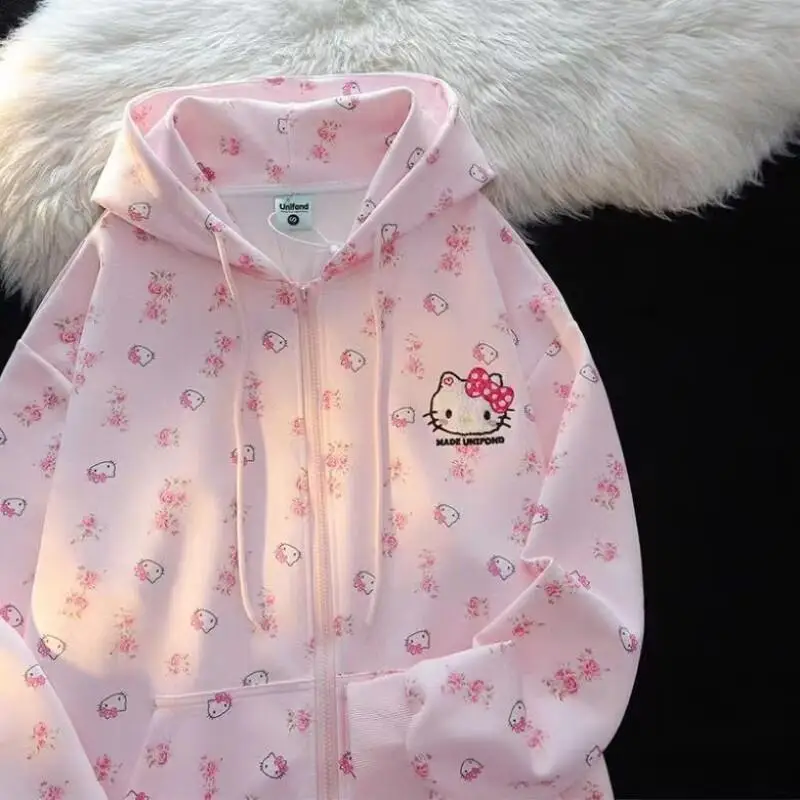 

Sanrio Hello Kitty Hooded Cardigan Cotton Winter Embroidery Cute Floral Print Japanese Style Loose Versatile New