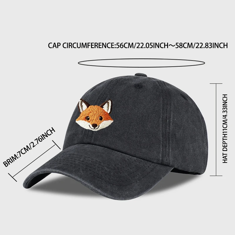 Cute Fox Embroidered Vintage Washed Baseball Cap – Casual Streetwear Adjustable Unisex Sun Hat, Perfect for Camping and Vacation