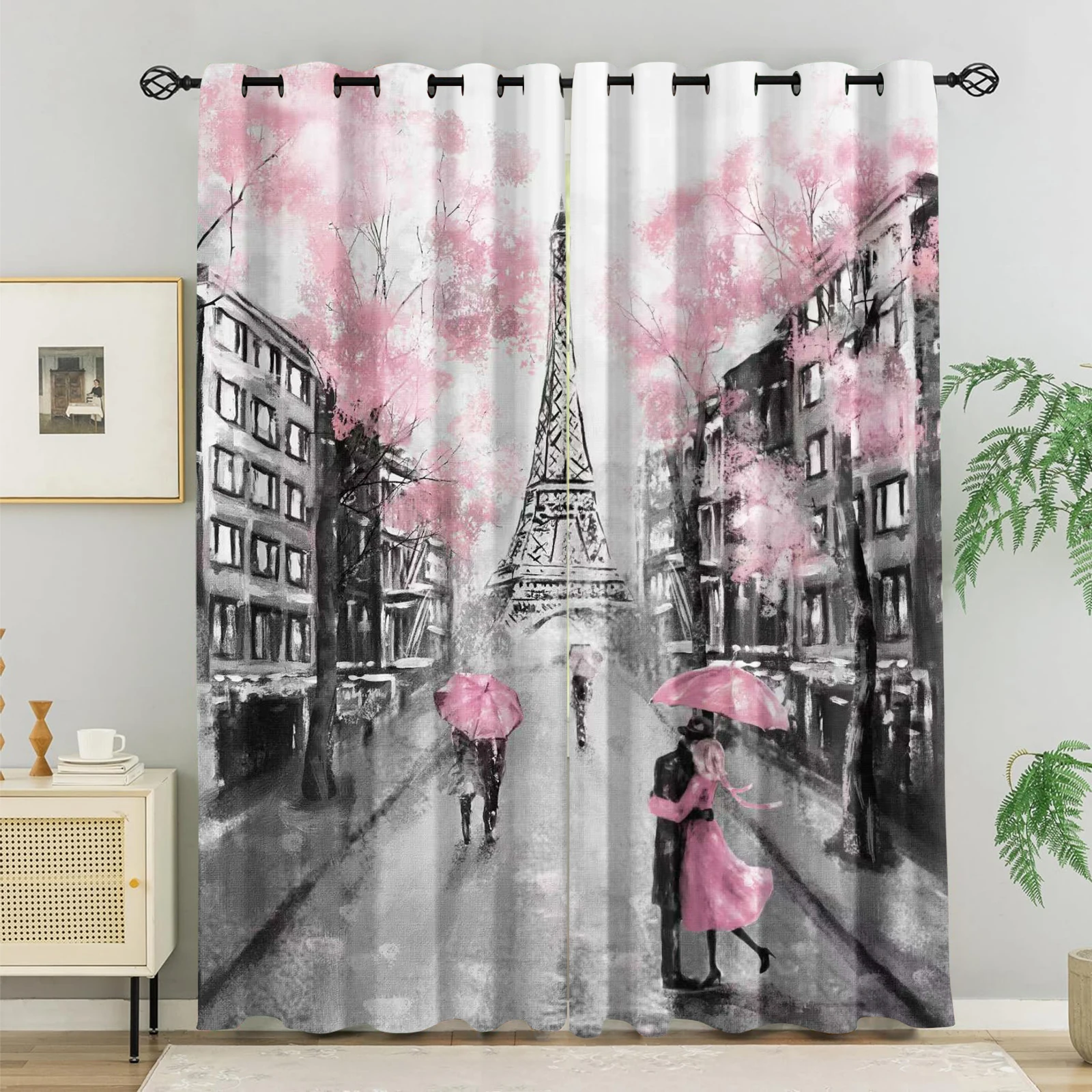 

Paris Eiffel Tower Pink Cherry Blossom Curtain-Romantic Cityscape Window Drapes 85% Blackout for Home Decor Bedroom Living Room