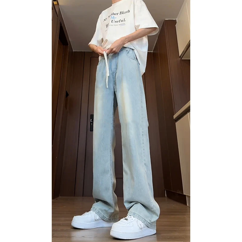 

American Sle High Waist Ice Silk Jeans Men Summer Thin Trendy Brand Elastic Waist Lift Pants Loose Micro Flared Straight Leg