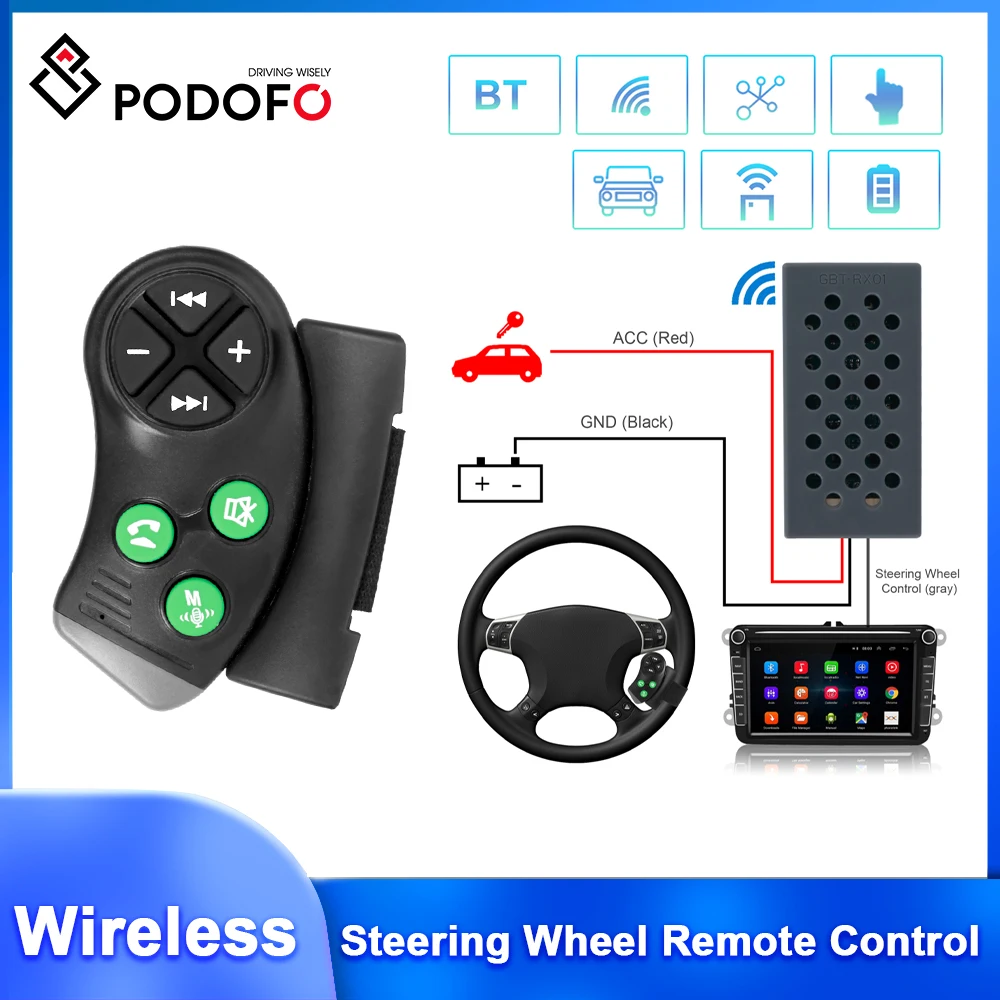 Podofo Wireless Control Bluetooth Steering Wheel Remote Control Plug&Play Universal Remote Control Button For DVD GPS Navigation