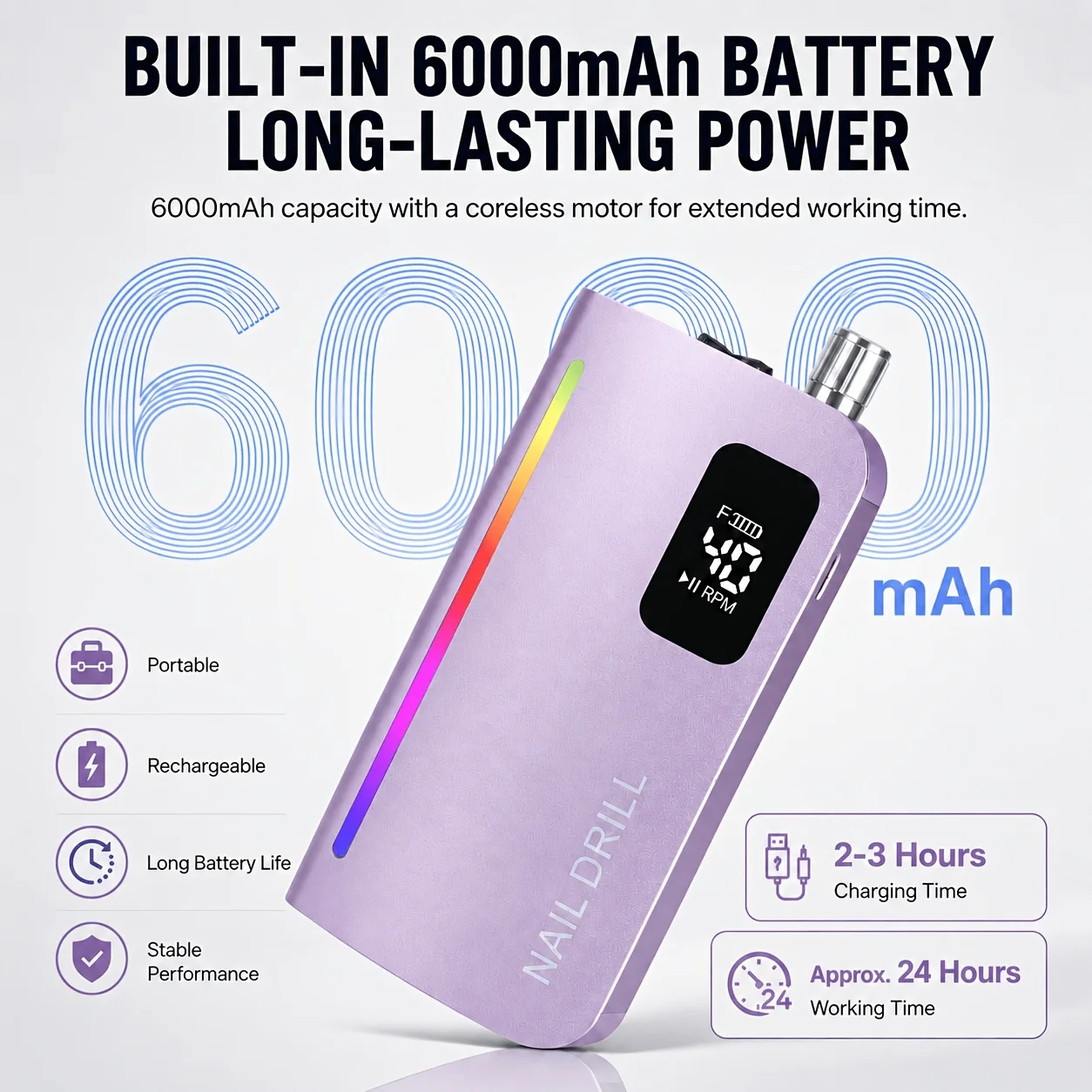 40000 RPM Professional Nail Drill Powerful Electric Nail File Low Vibration with Rainbow Light 15H Long Battery Life Cordless Motor Quiet for Quick Acrylic Removal for Home DIY and Salon