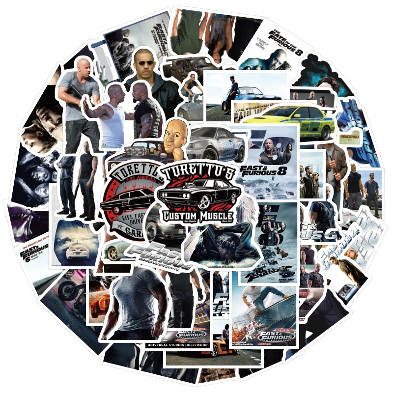 50pcs/pack Classic Movie Fast Furious Stickers for Notebook Motorcycle Skateboard Computer Mobile Phone Cartoon Toy Trunk