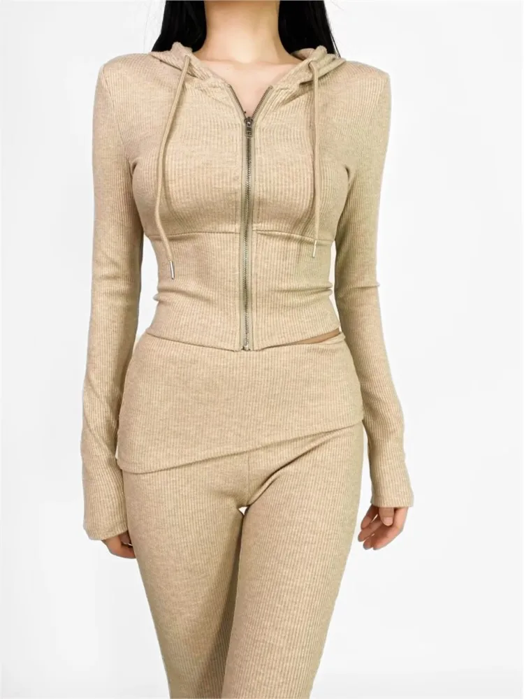 

Fall Korean Women Tracksuits 2 Piece Set Slim New Chic Casual Hooded Zip-up Short Top Flare Trousers Outfits Female Clothes