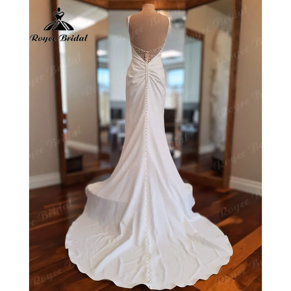 Vintage Mermaid Boho Soft Satin Split Side Pearls Women Wedding Dress 2024 Bridal Gown Backless robe mariage femme Roycebridal